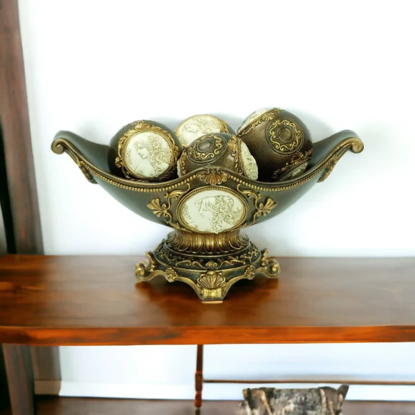 8" Bronze Polyresin Classical Greek Decorative Bowl with Elegant Orbs for Stunning Home Accent