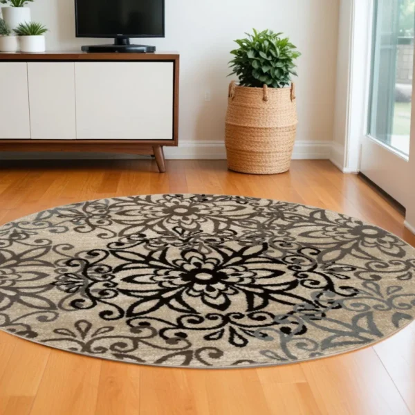 8' Round Tan Gray Black Floral Medallion Area Rug - Stain Resistant, Stylish Design for Every Home