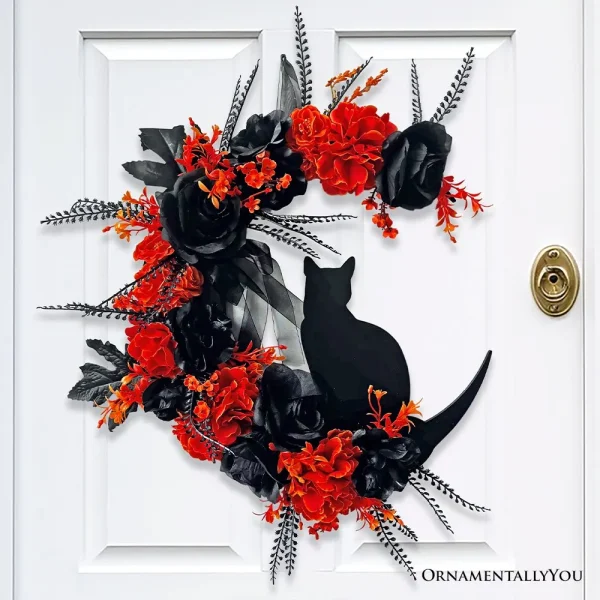 (Pre-Order) Crescent Moon Floral Black Cat Wreath, 20" Black and Orange Halloween Door Decoration