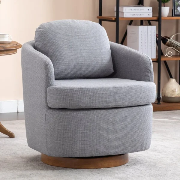 035-Linen Fabric Swivel Accent Chair - Stylish Light Blue Linen with Solid Wood Base for Comfort