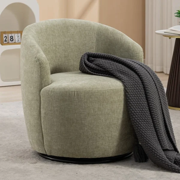 037-Chenille Fabric Swivel Accent Barrel Chair in Light Green with Stylish Black Metal Base Design