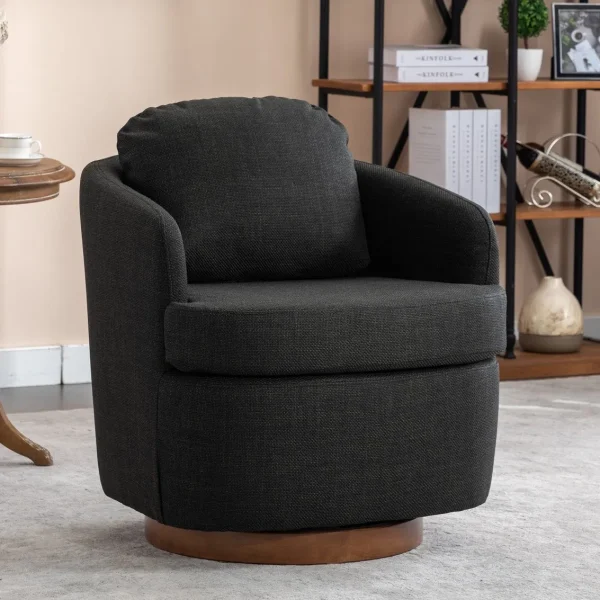 035-Linen Chic Swivel Accent Chair with Solid Wood Base in Dark Gray - Stylish & Comfortable Seating