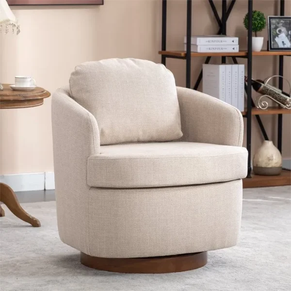 035-Linen Fabric Swivel Accent Chair - Stylish Beige Design with Solid Wood Brown Base for Comfort