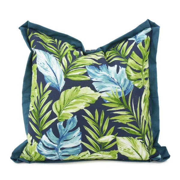20 x 20 Outdoor Pillow Cardoon Indigo - Stunning Tropical Design with Turquoise Flange for Style